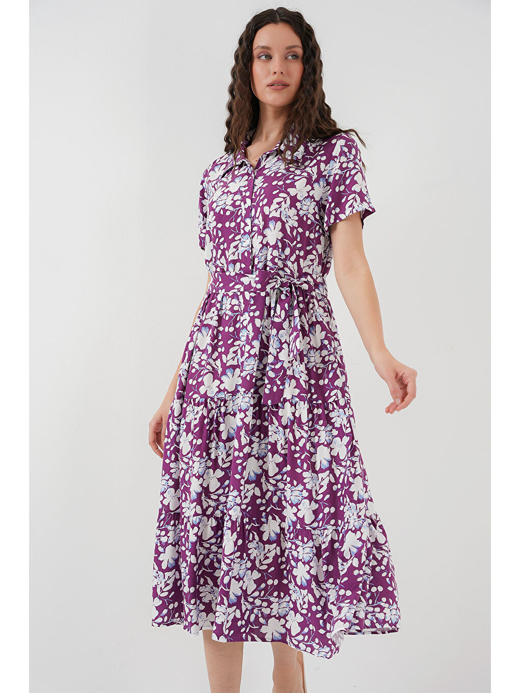 2191 Kısa Kol Desenli Elbise - Mor