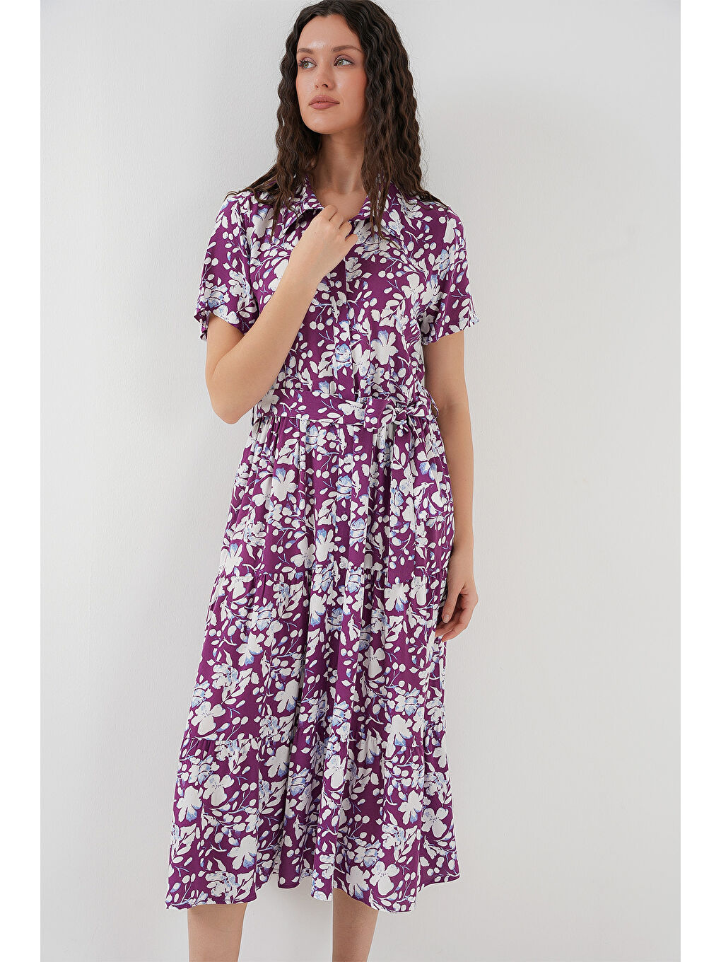 2191 Kısa Kol Desenli Elbise - Mor-2