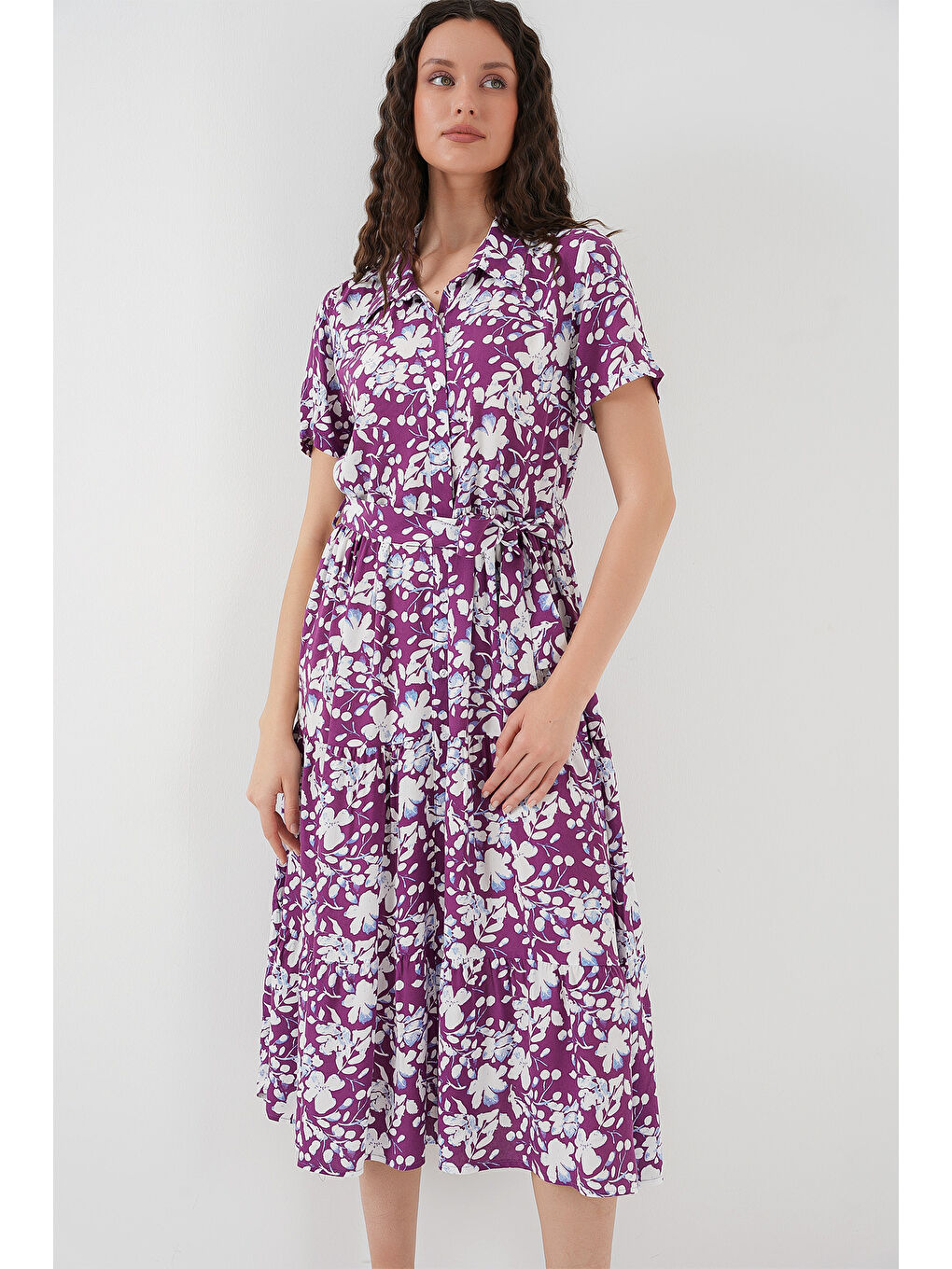 2191 Kısa Kol Desenli Elbise - Mor-3