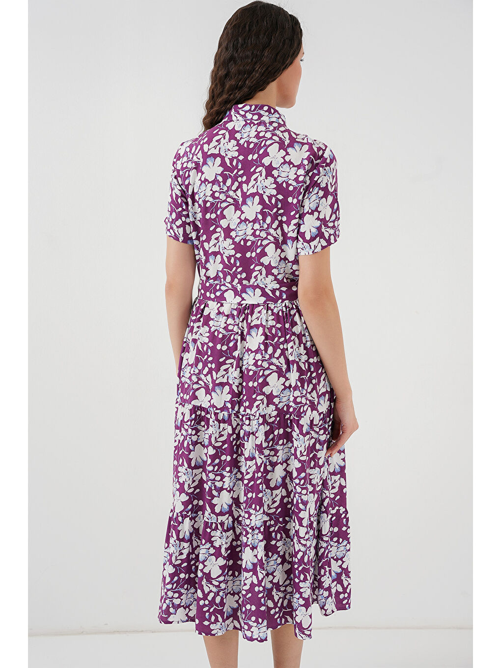 2191 Kısa Kol Desenli Elbise - Mor-5