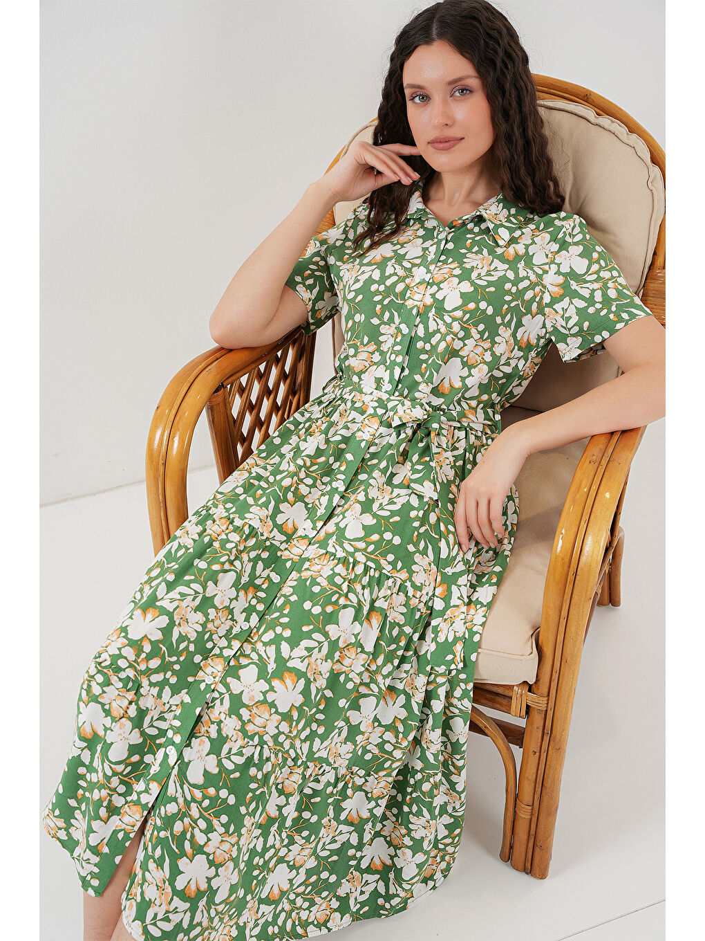 2191 Kısa Kol Desenli Elbise - A.Yeşil-1