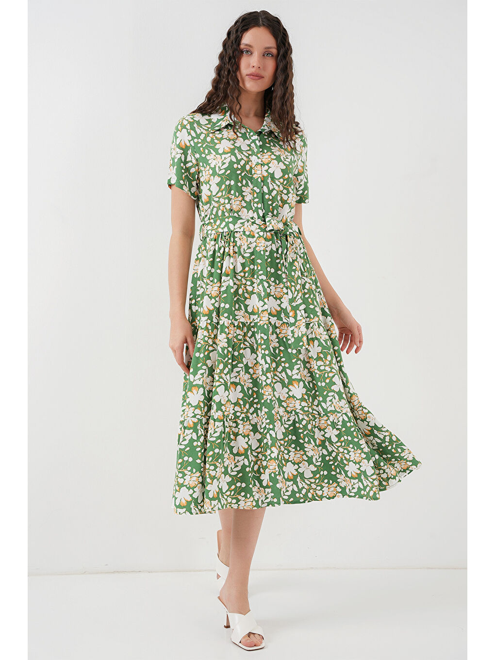 2191 Kısa Kol Desenli Elbise - A.Yeşil-2