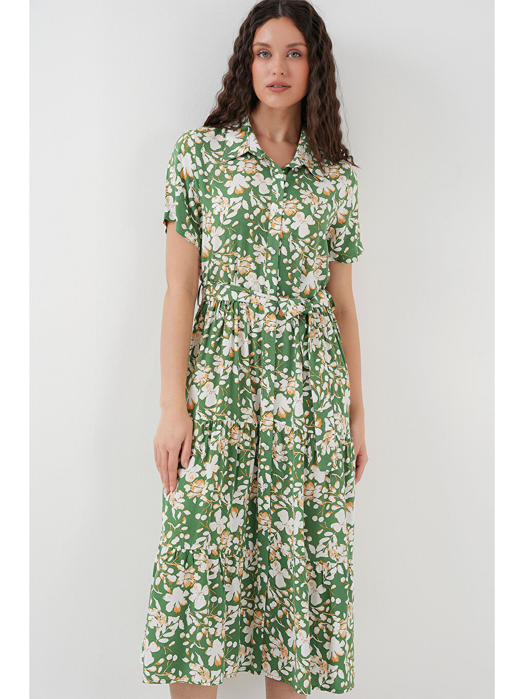 2191 Kısa Kol Desenli Elbise - A.Yeşil-3