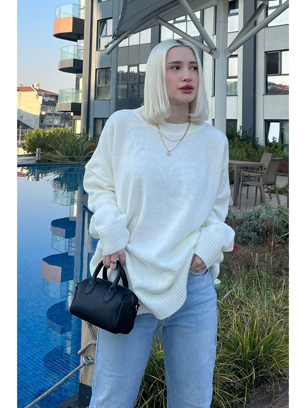 Ekru Bisiklet Yaka Oversize Triko Kazak-1