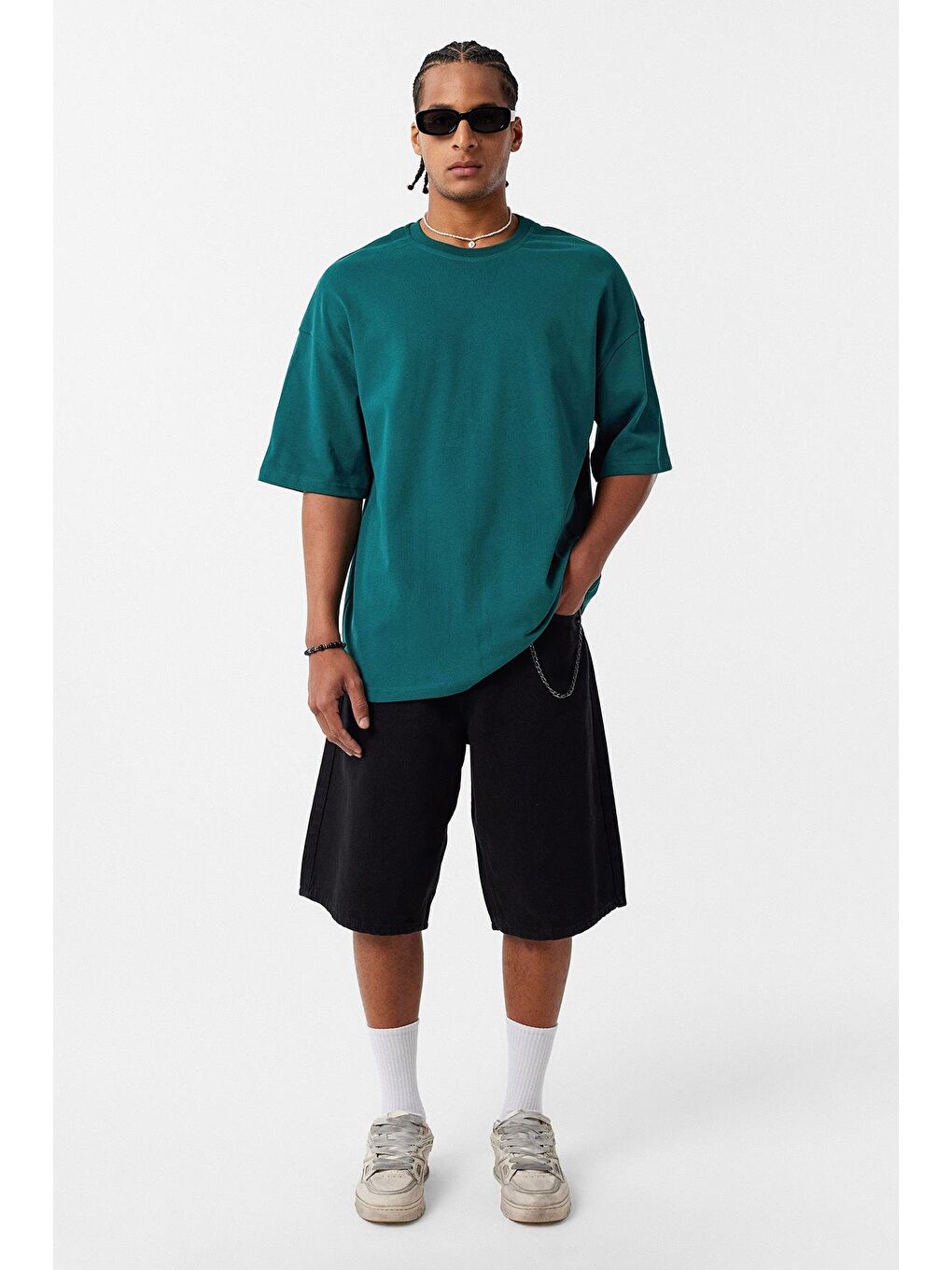 Basic Oversize Bisiklet Yaka Tişört Petrol