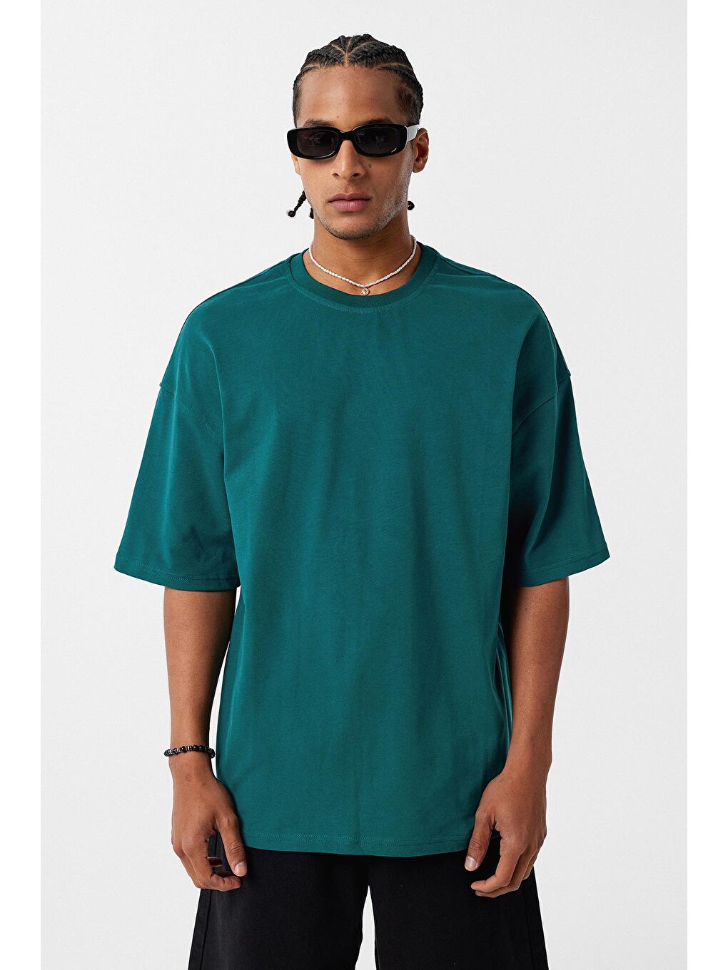 Basic Oversize Bisiklet Yaka Tişört Petrol-2