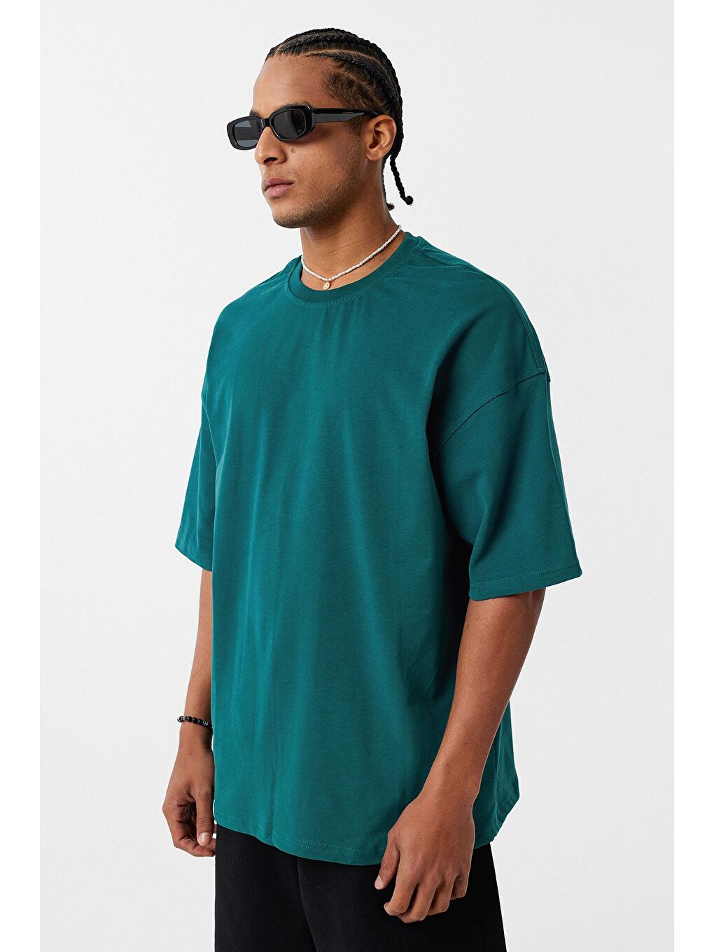 Basic Oversize Bisiklet Yaka Tişört Petrol-3