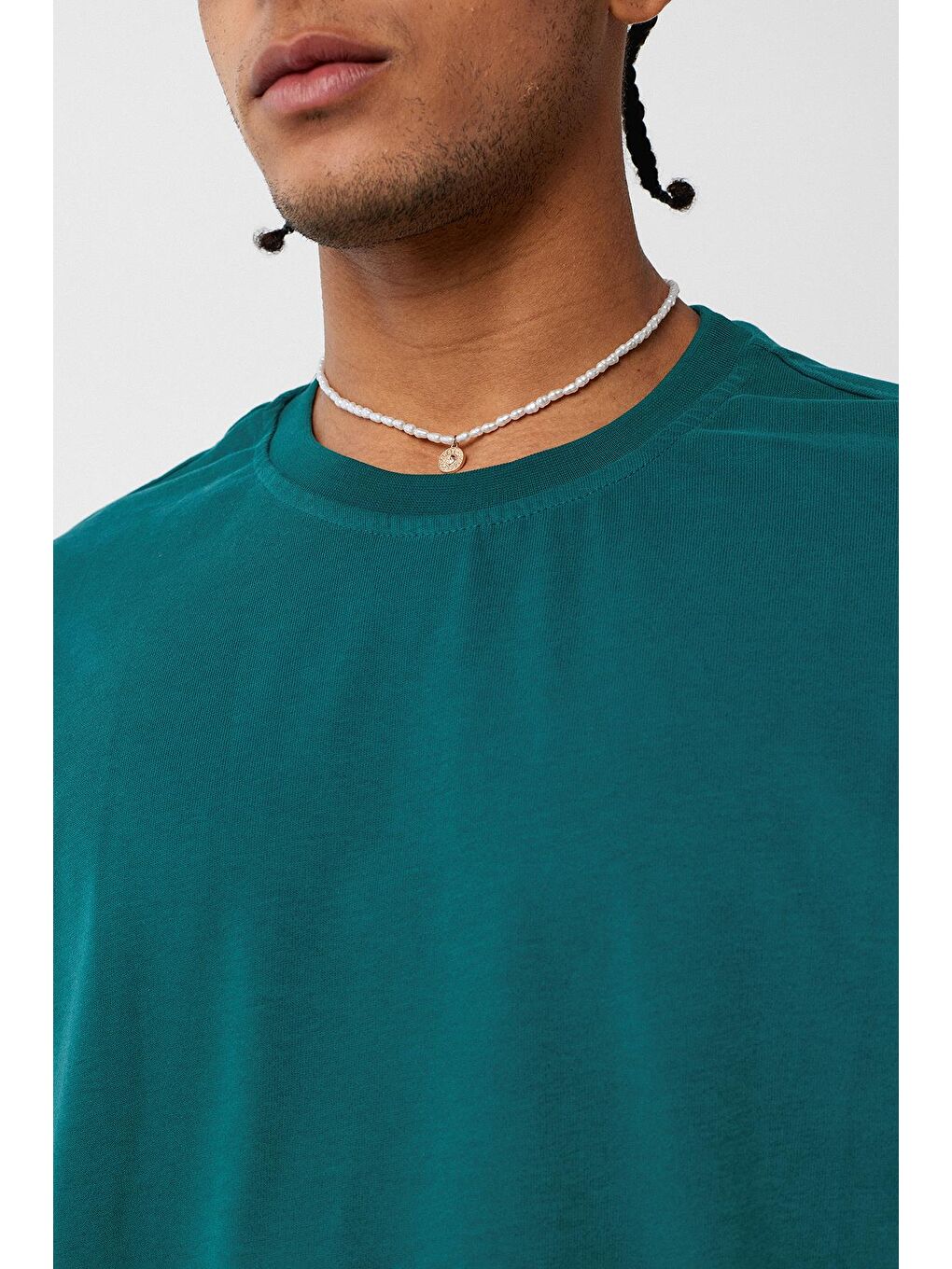 Basic Oversize Bisiklet Yaka Tişört Petrol-4