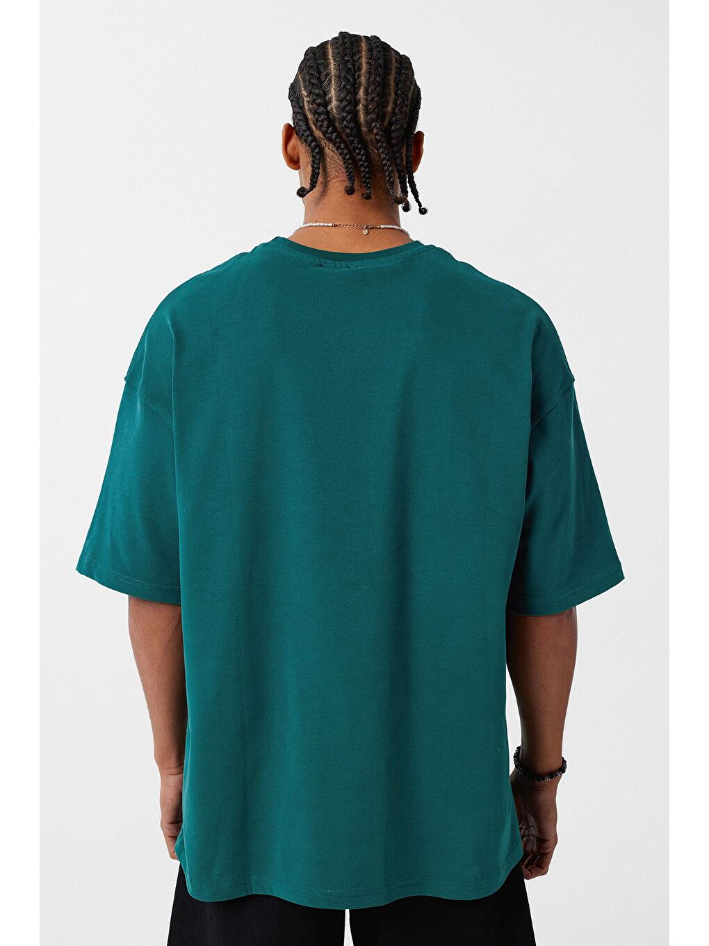 Basic Oversize Bisiklet Yaka Tişört Petrol-5