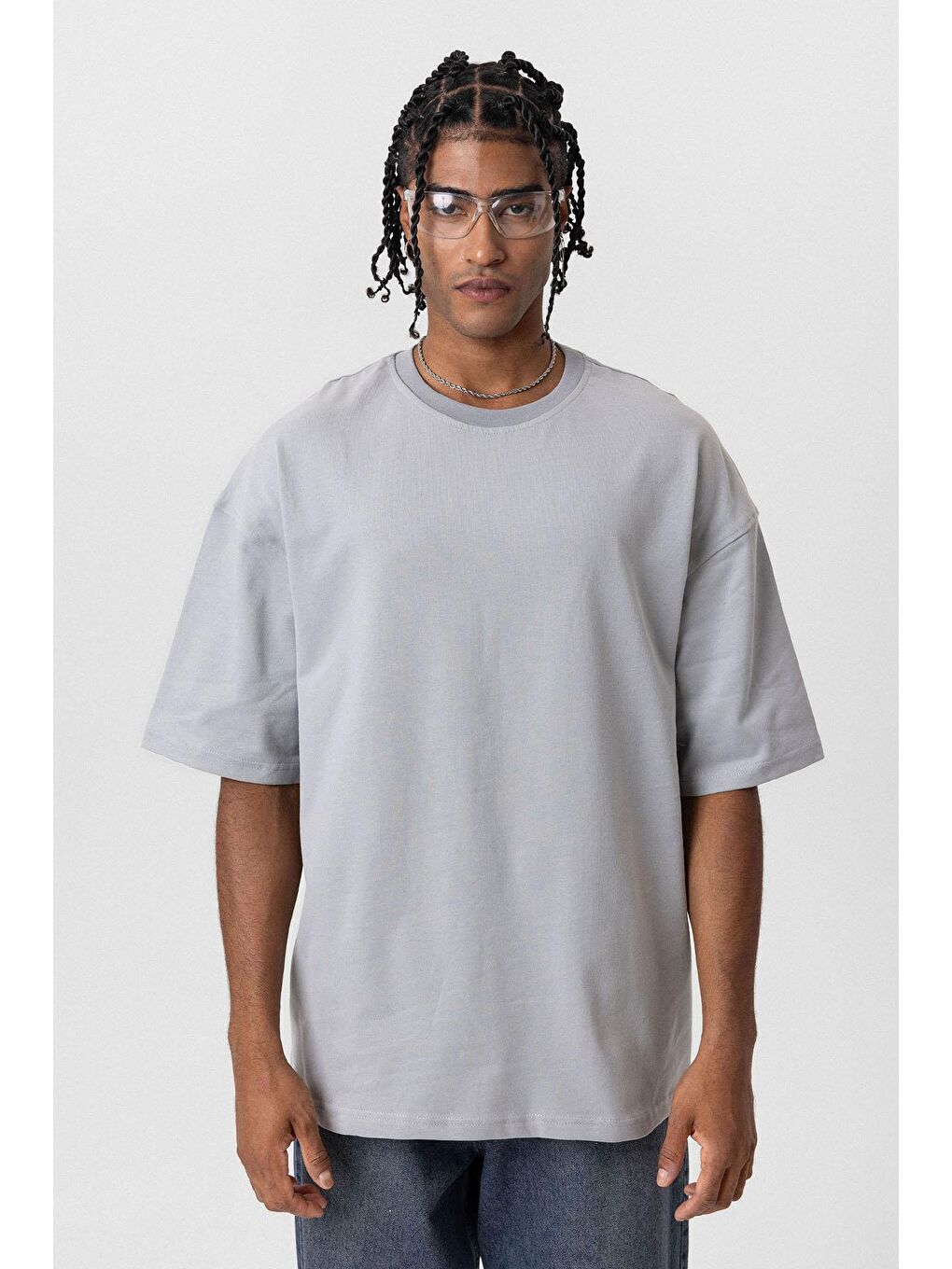 Gri Basic Oversize Bisiklet Yaka Tişört Açık Füme-2