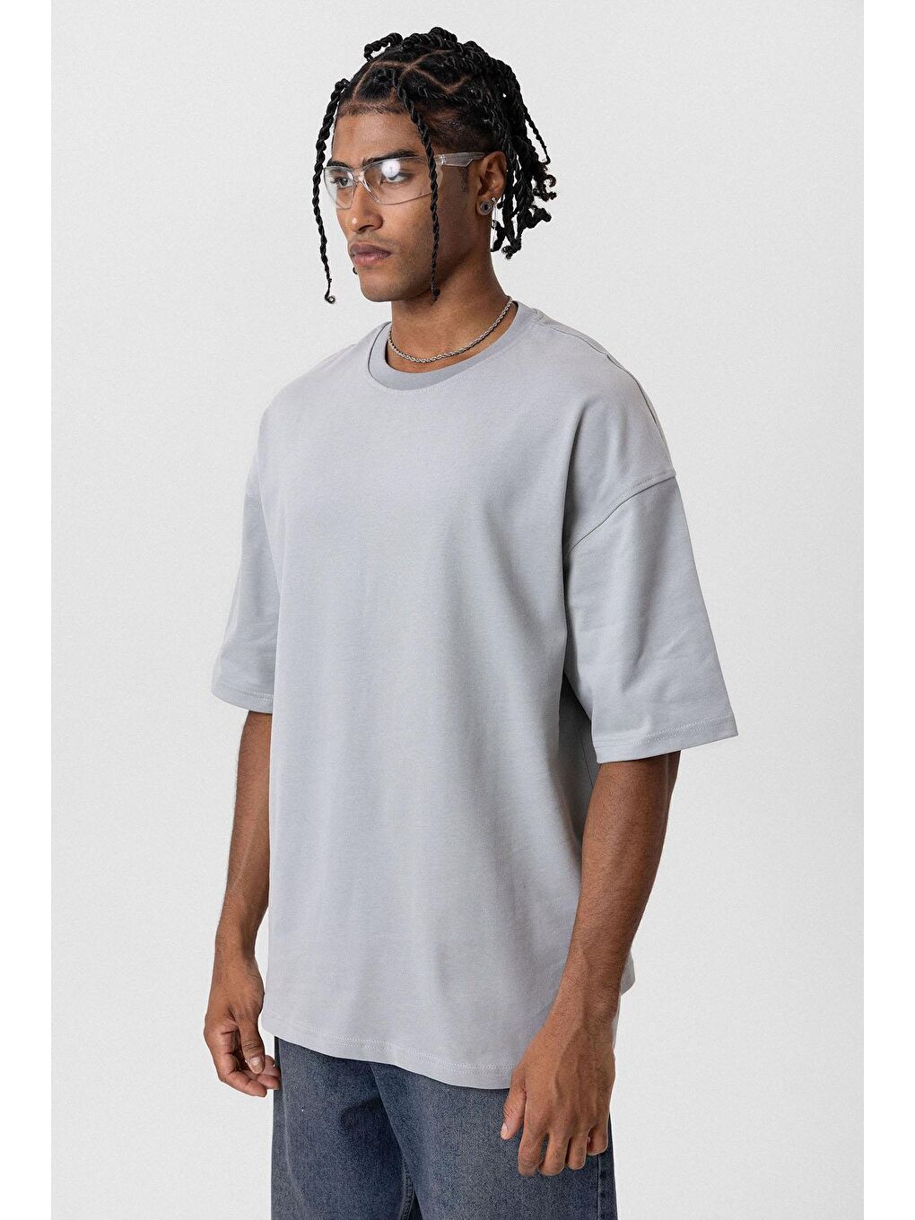 Gri Basic Oversize Bisiklet Yaka Tişört Açık Füme-3