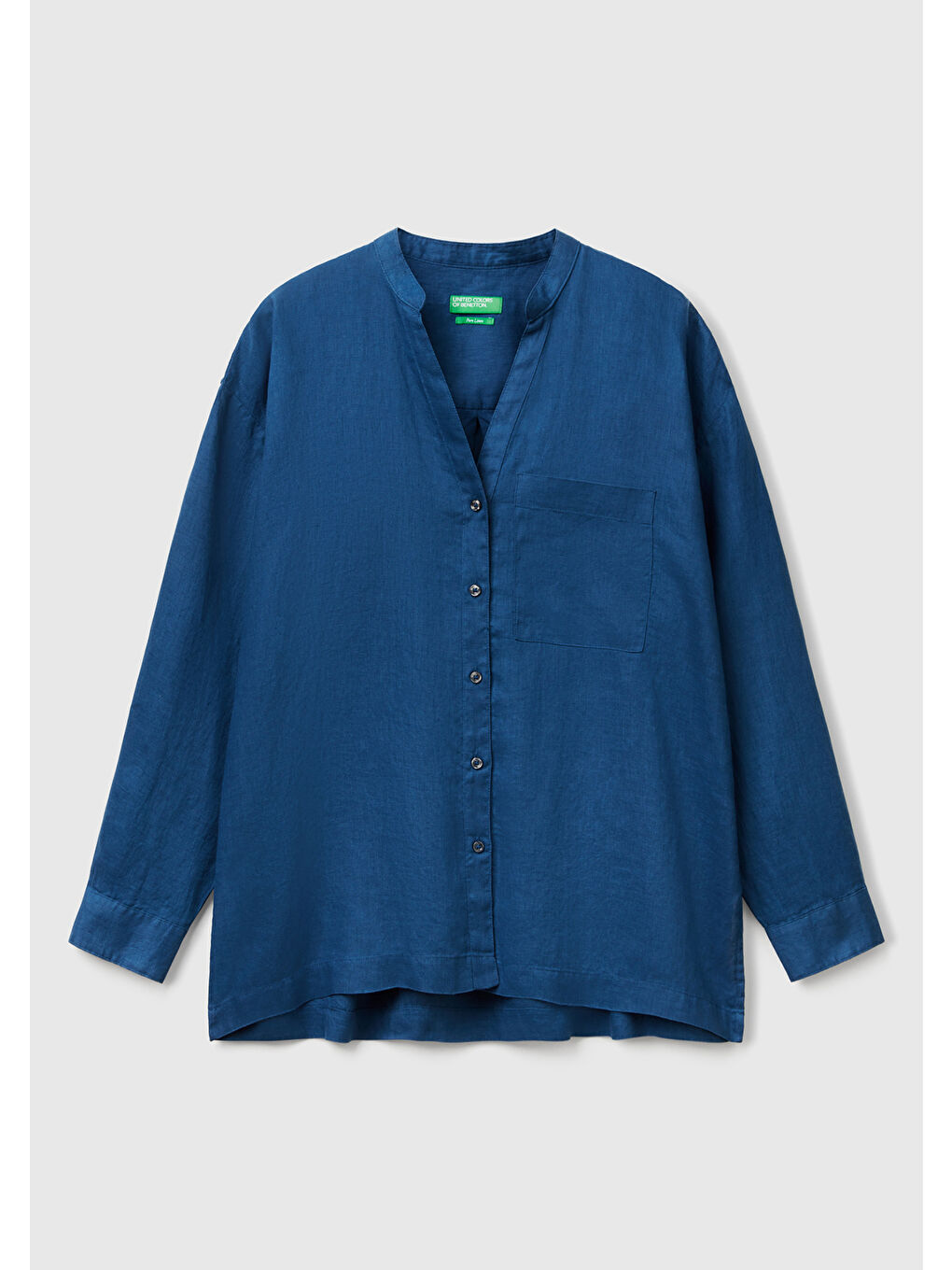 Mavi Kadın Denim %100 Keten Sol Önü Cepli Oversize Mandarin Yaka Gömlek-1