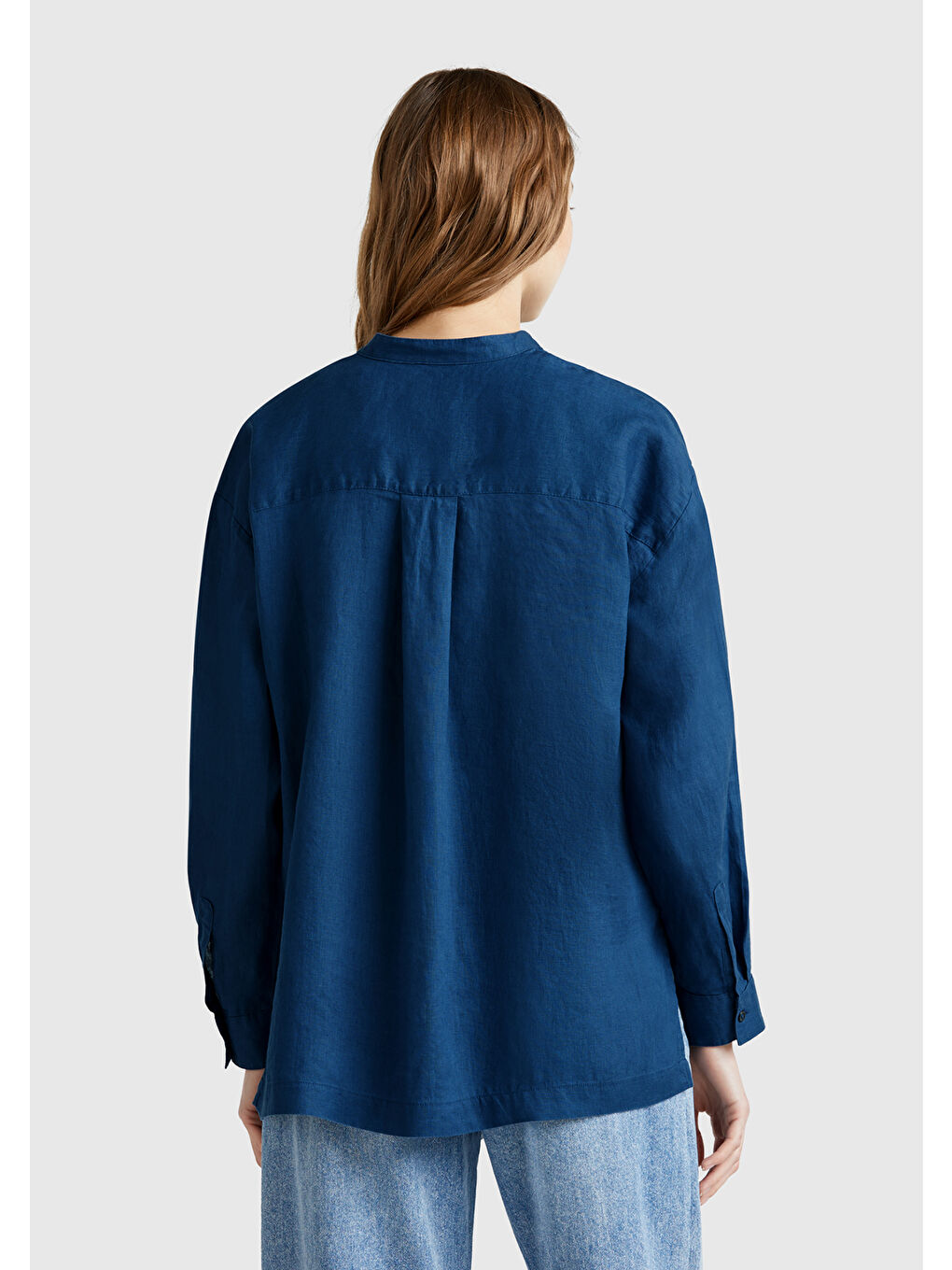 Mavi Kadın Denim %100 Keten Sol Önü Cepli Oversize Mandarin Yaka Gömlek-2
