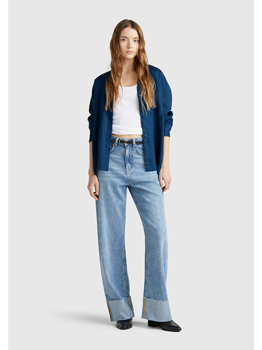 Mavi Kadın Denim %100 Keten Sol Önü Cepli Oversize Mandarin Yaka Gömlek-4