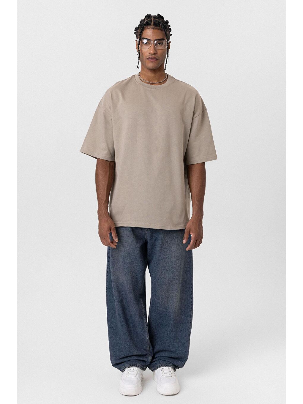 Bej Basic Oversize Bisiklet Yaka Tişört Vizon