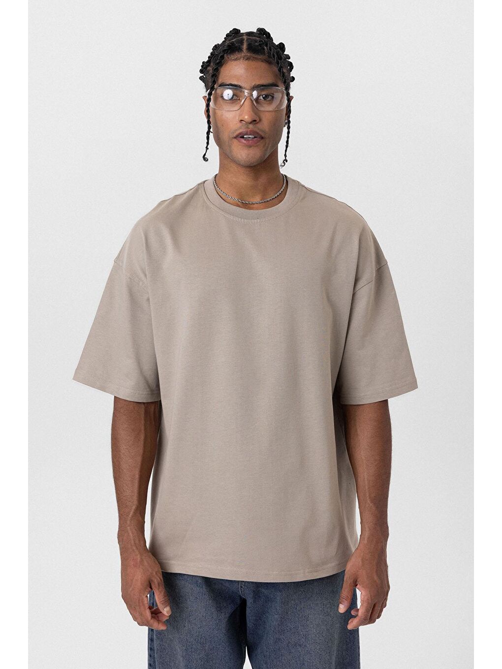 Bej Basic Oversize Bisiklet Yaka Tişört Vizon-2