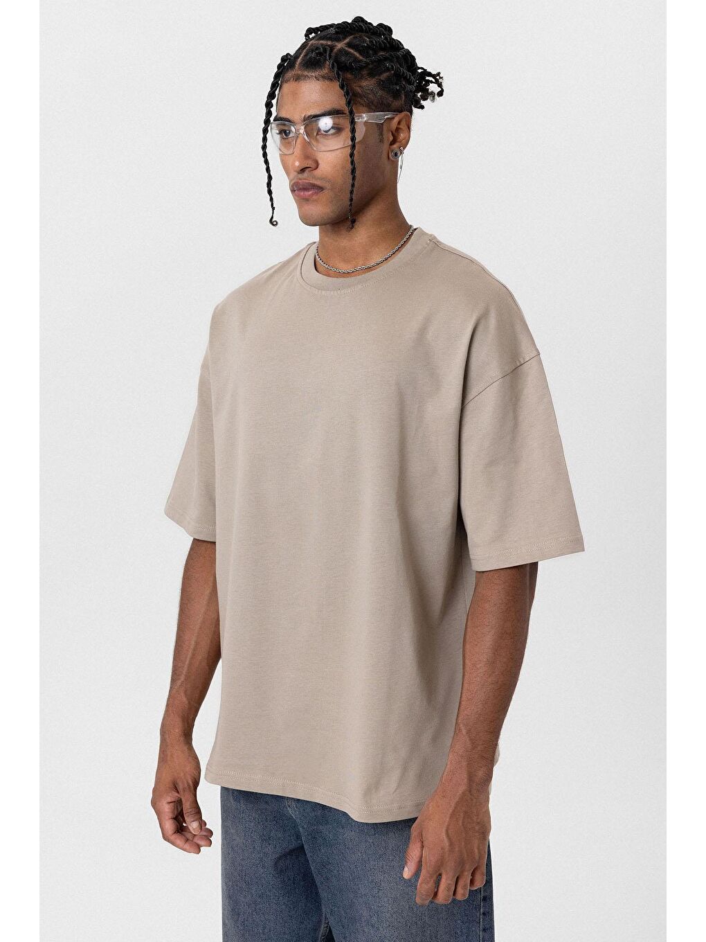 Bej Basic Oversize Bisiklet Yaka Tişört Vizon-3