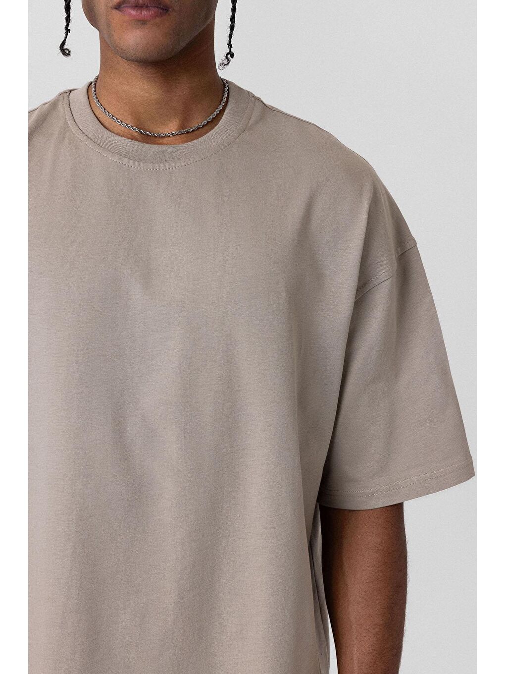 Bej Basic Oversize Bisiklet Yaka Tişört Vizon-4