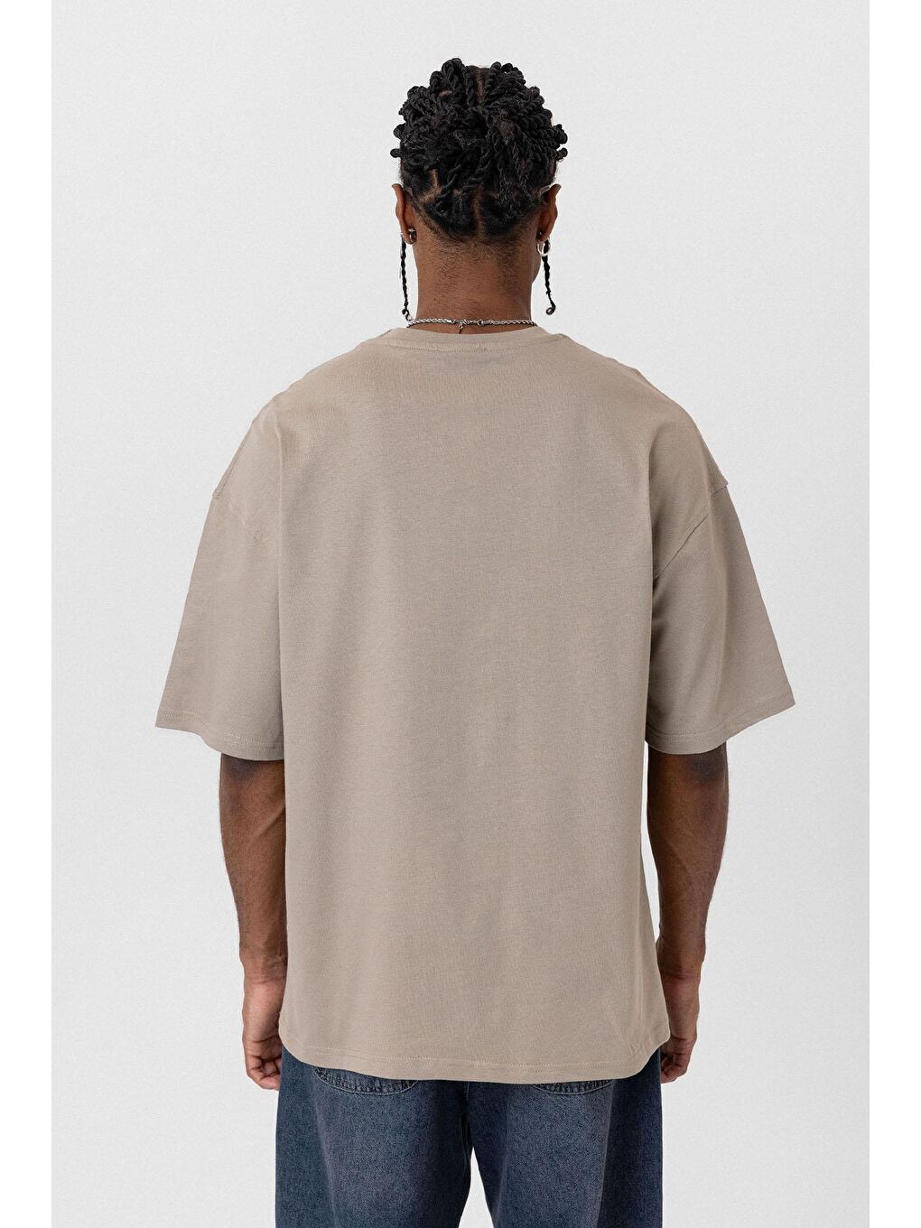 Bej Basic Oversize Bisiklet Yaka Tişört Vizon-5