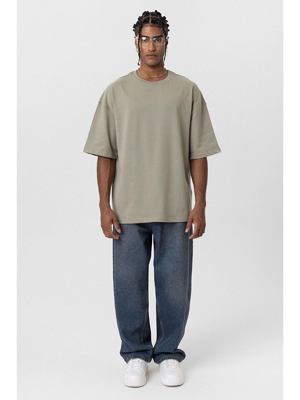 Basic Oversize Bisiklet Yaka Tişört Haki