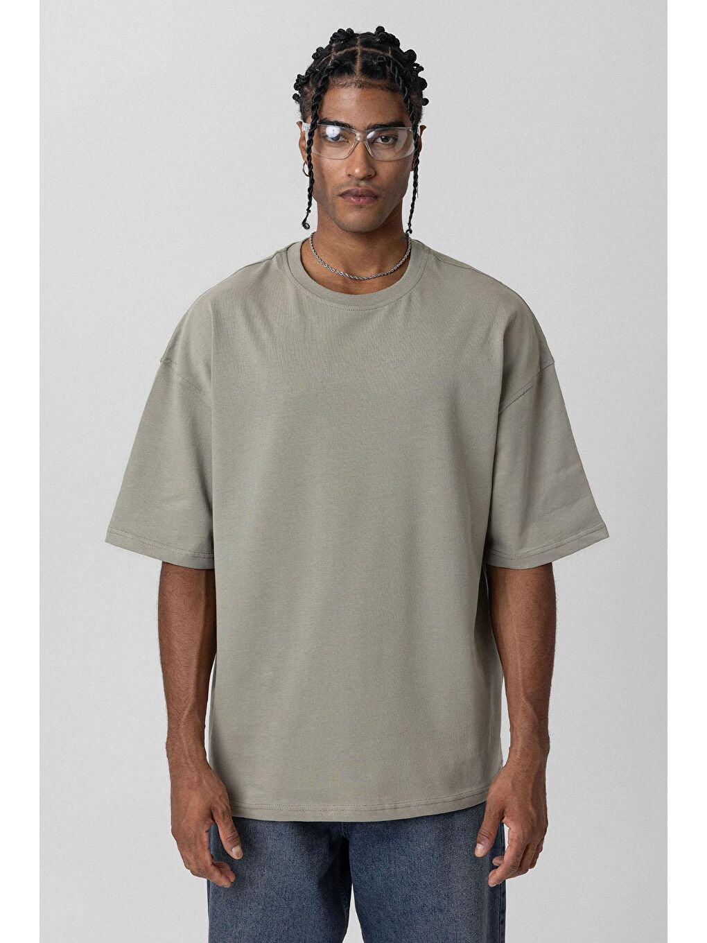 Basic Oversize Bisiklet Yaka Tişört Haki-2