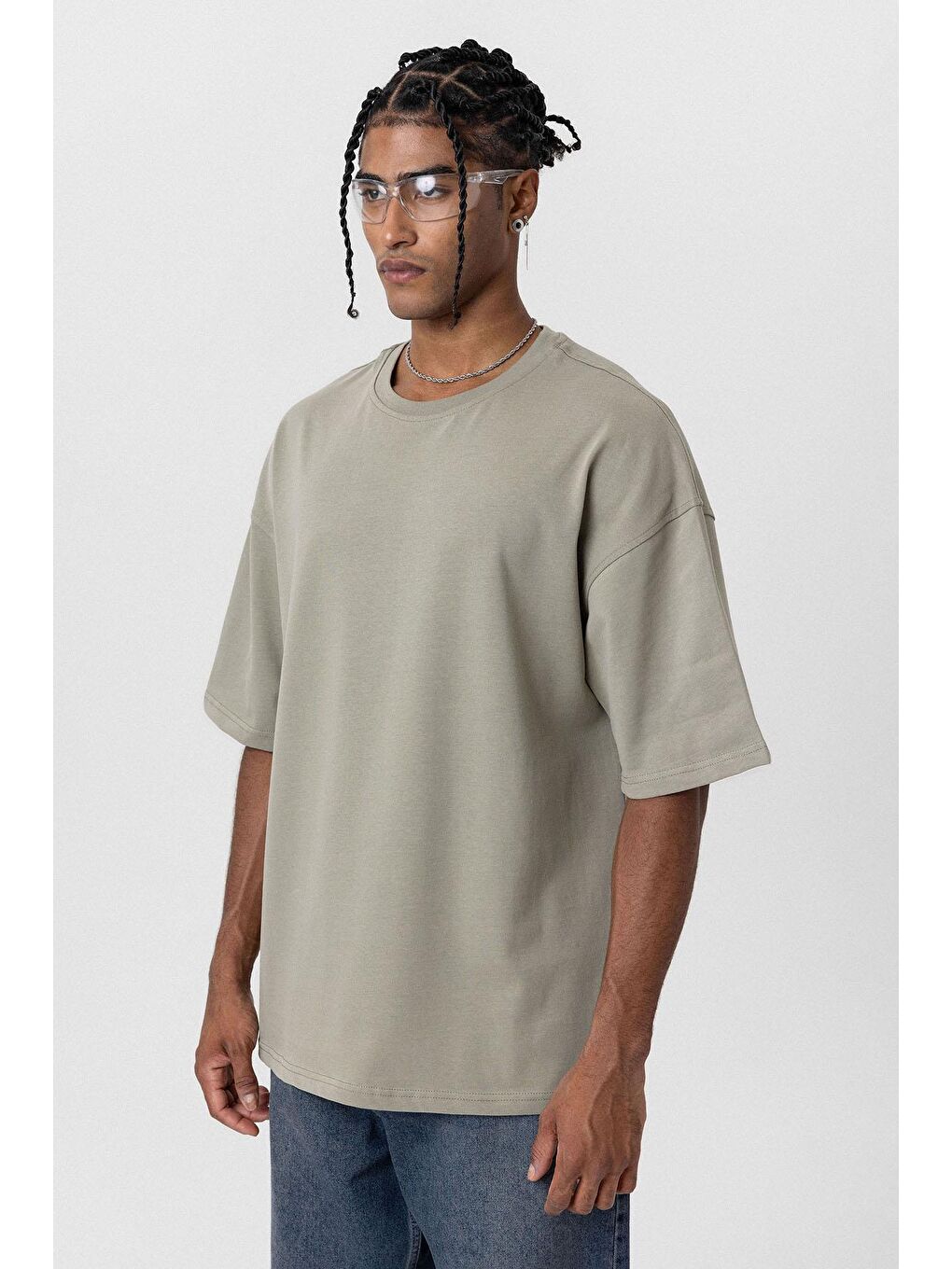 Basic Oversize Bisiklet Yaka Tişört Haki-3