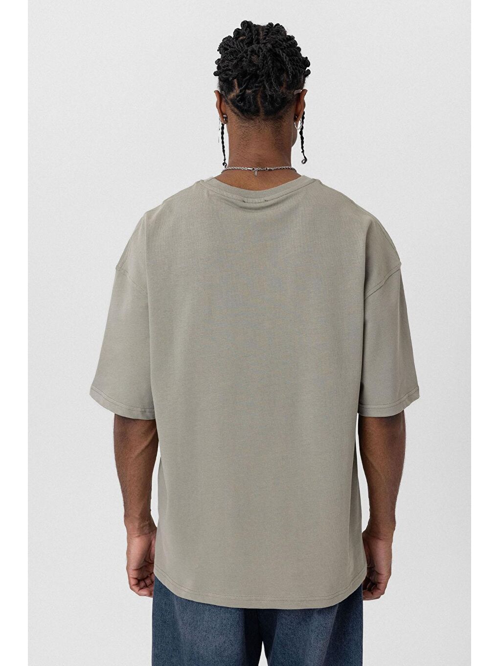 Basic Oversize Bisiklet Yaka Tişört Haki-4