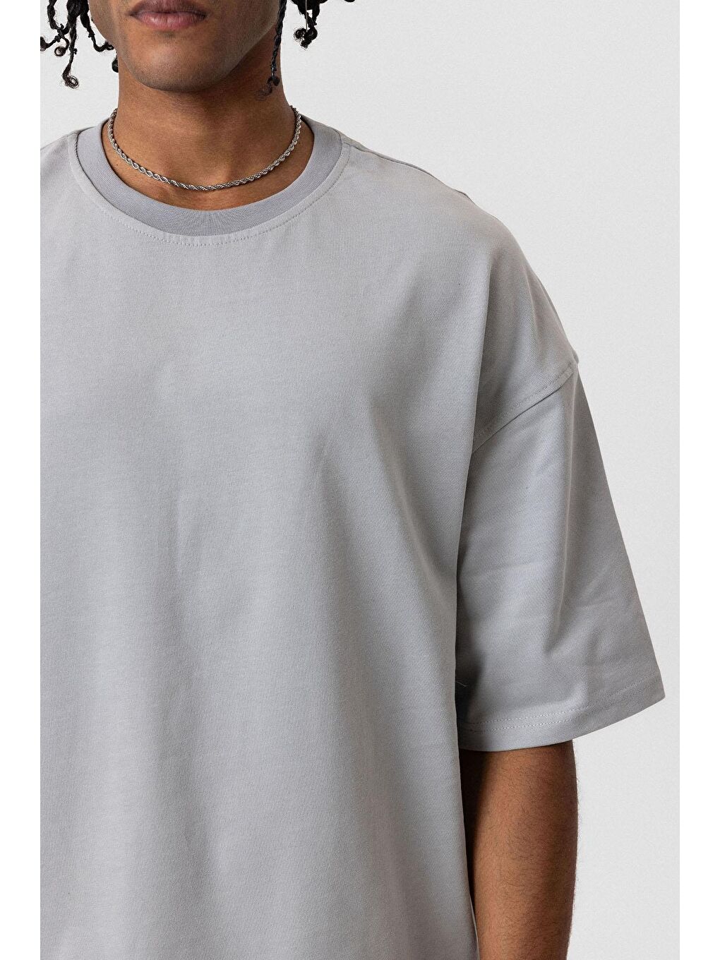 Basic Oversize Bisiklet Yaka Tişört Gri-4