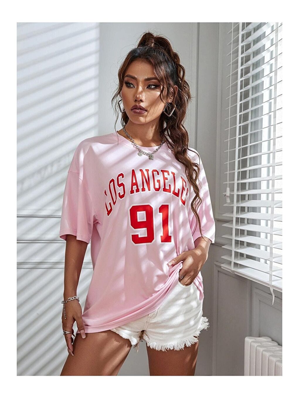 Trendseninle Pembe Kadın Pudra Pembe Los Angeles 91 Baskılı Oversize Tişört - 4