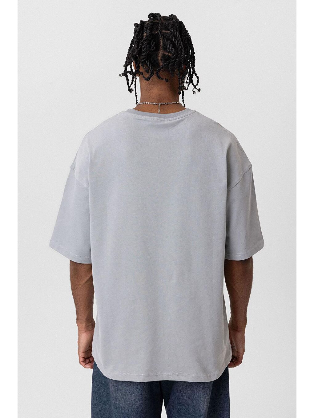 Basic Oversize Bisiklet Yaka Tişört Gri-5