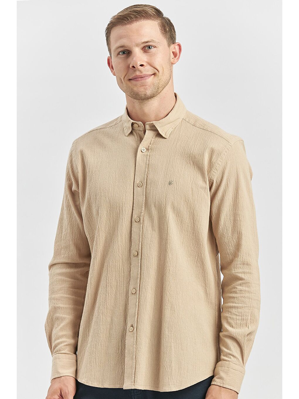 Turuncu Kayısı Uzun Kollu Gofreli Biyeli %100 Pamuk Casual Slim Fit Dar Kesim Gömlek 1004240247