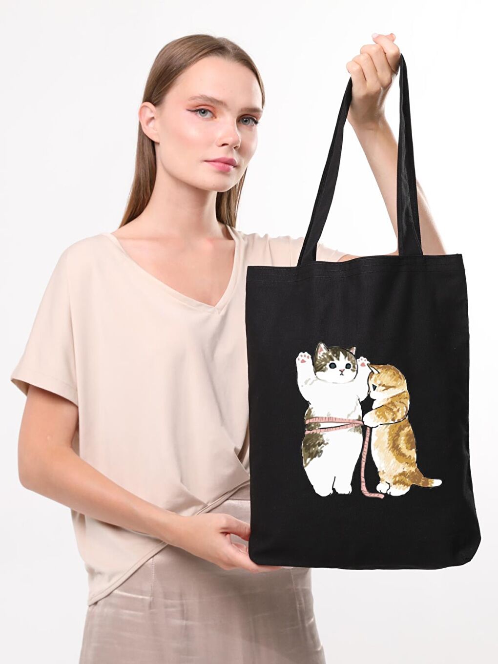 Bagg Siyah Kanvas Cats Size Baskılı Çanta - 1