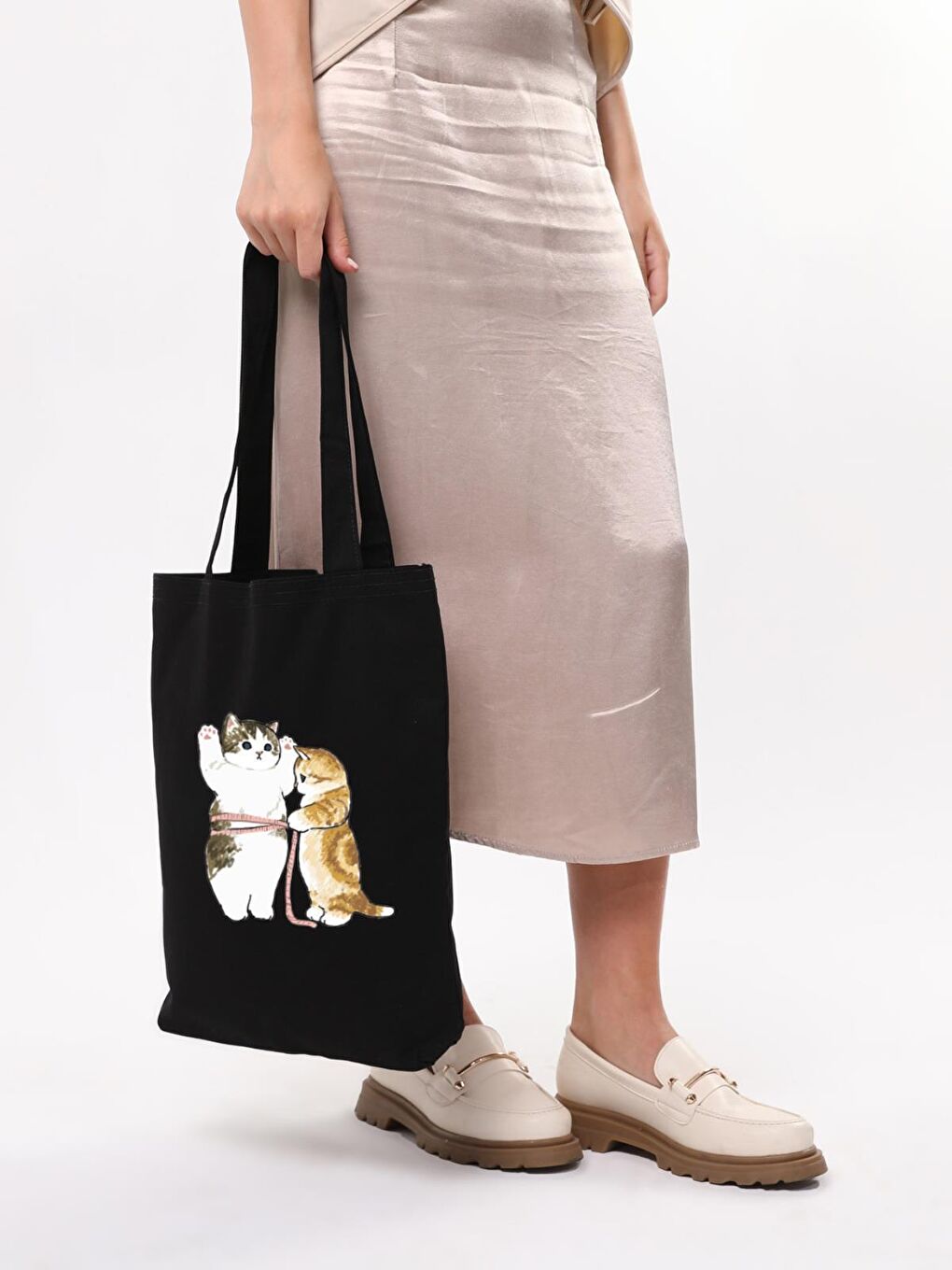 Bagg Siyah Kanvas Cats Size Baskılı Çanta - 5