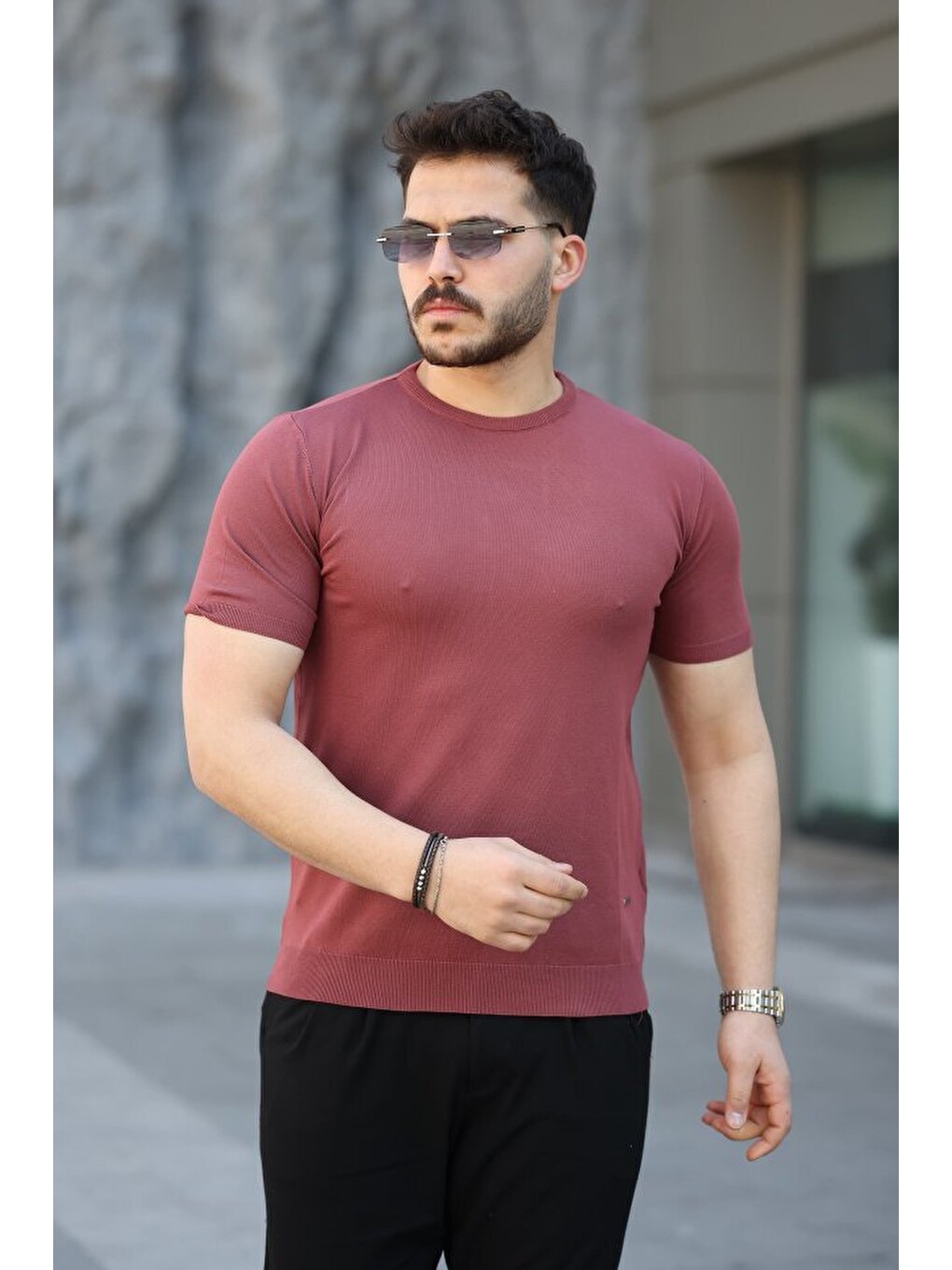Kırmızı Erkek Viskon Kumaş Bisiklet Yaka Basic Tişört