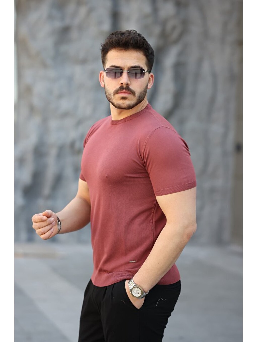 Kırmızı Erkek Viskon Kumaş Bisiklet Yaka Basic Tişört-1