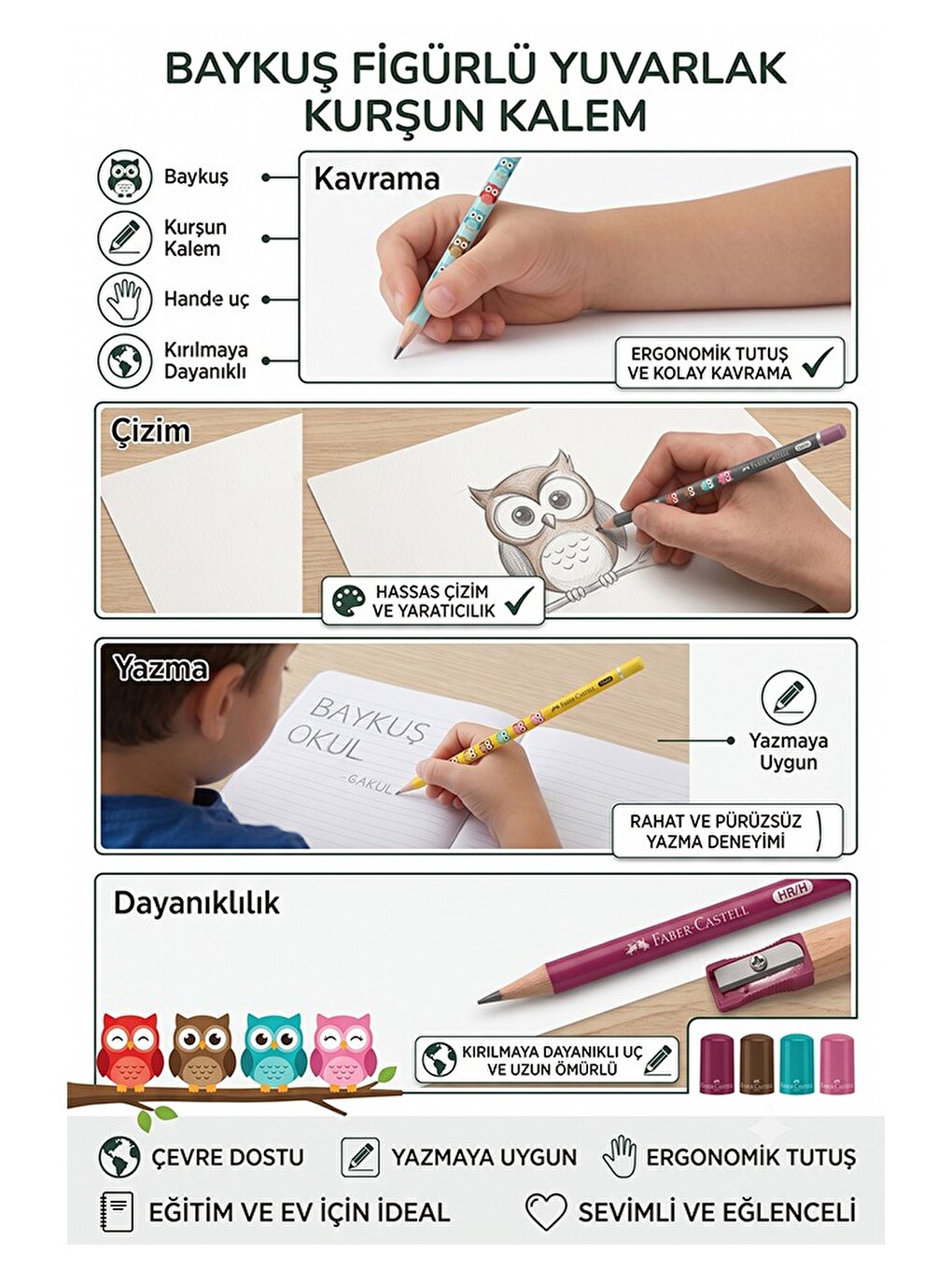 Baykuş Kurşun Kalem 8 Adet Faber Castell Yuvarlak Gövdeli Siyah Kurşun Kalem Yumuşak Yazım Kolay Tut-2