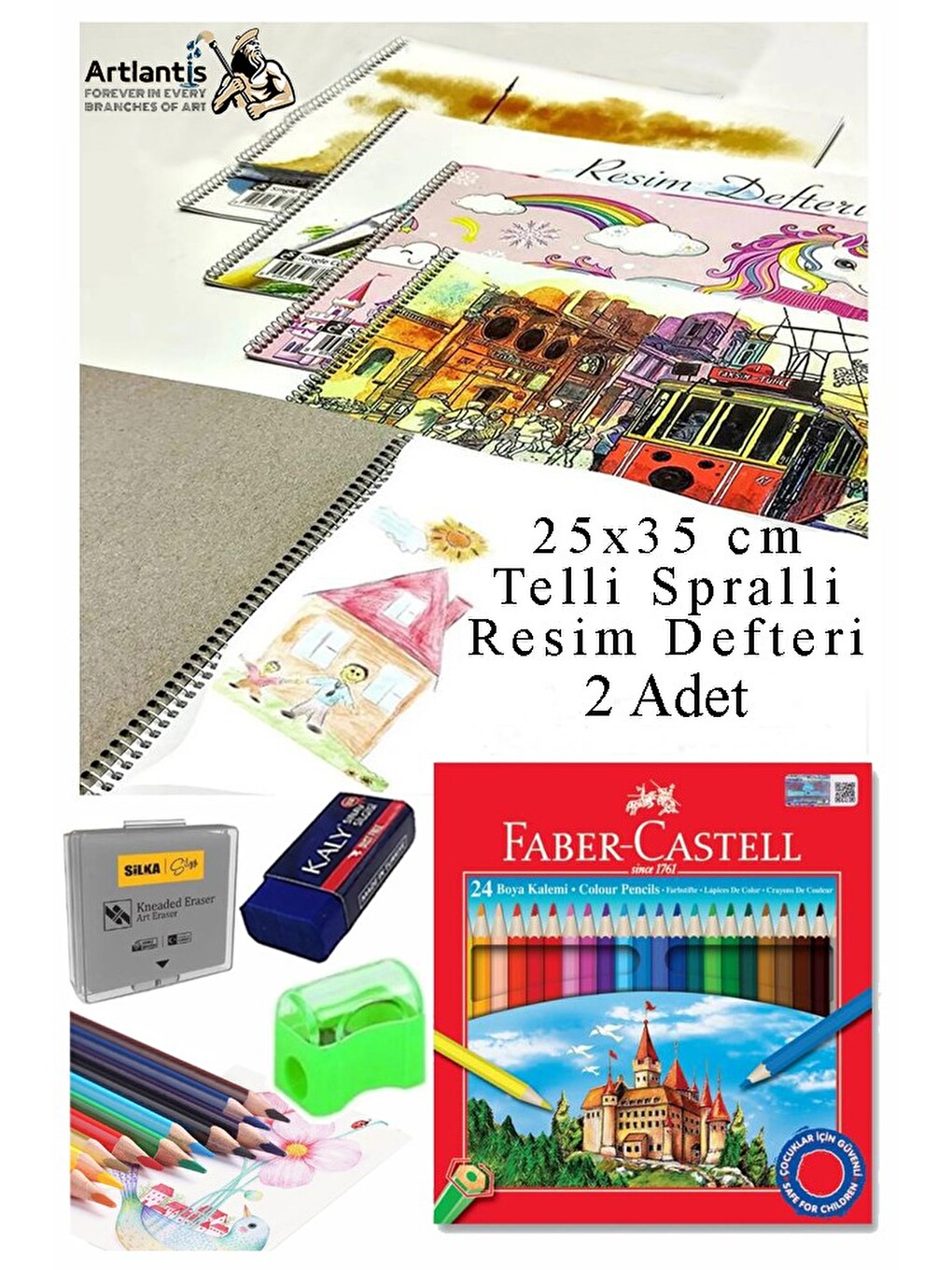 24 Renk Kuru Boya 25x35 Cm Telli Spralli Resim Defteri Hamur Silgi Kalemtraş 15 Yaprak Kuruboya Resi