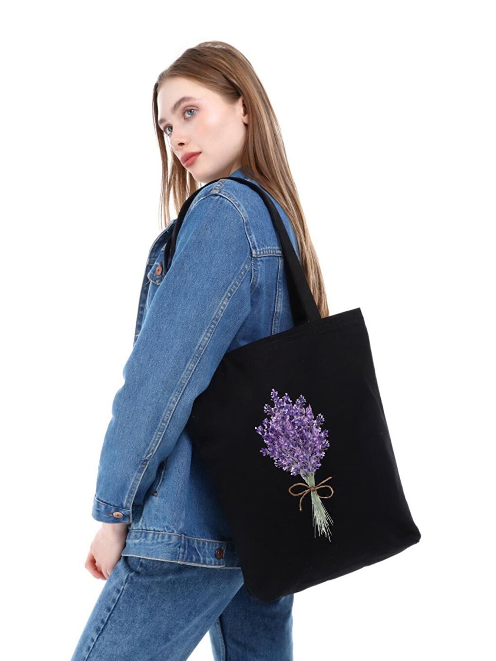 Bagg Siyah Kanvas Lavender Bunch Baskılı Çanta