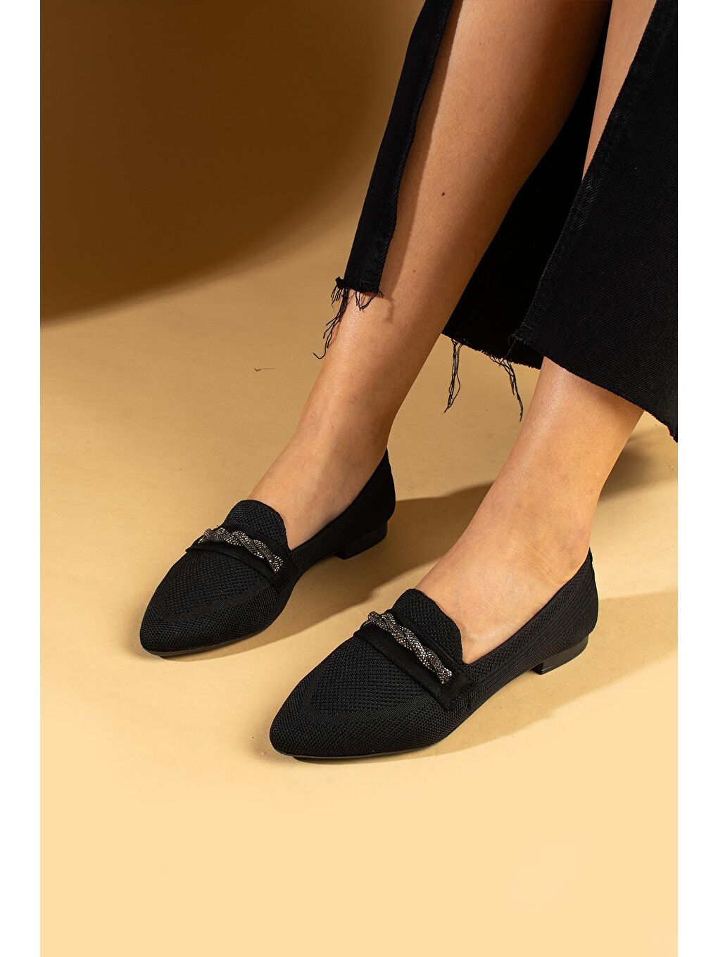 Siyah Taş Tokalı Triko Comfort Taban Kadın Babet 001-23-24Keten