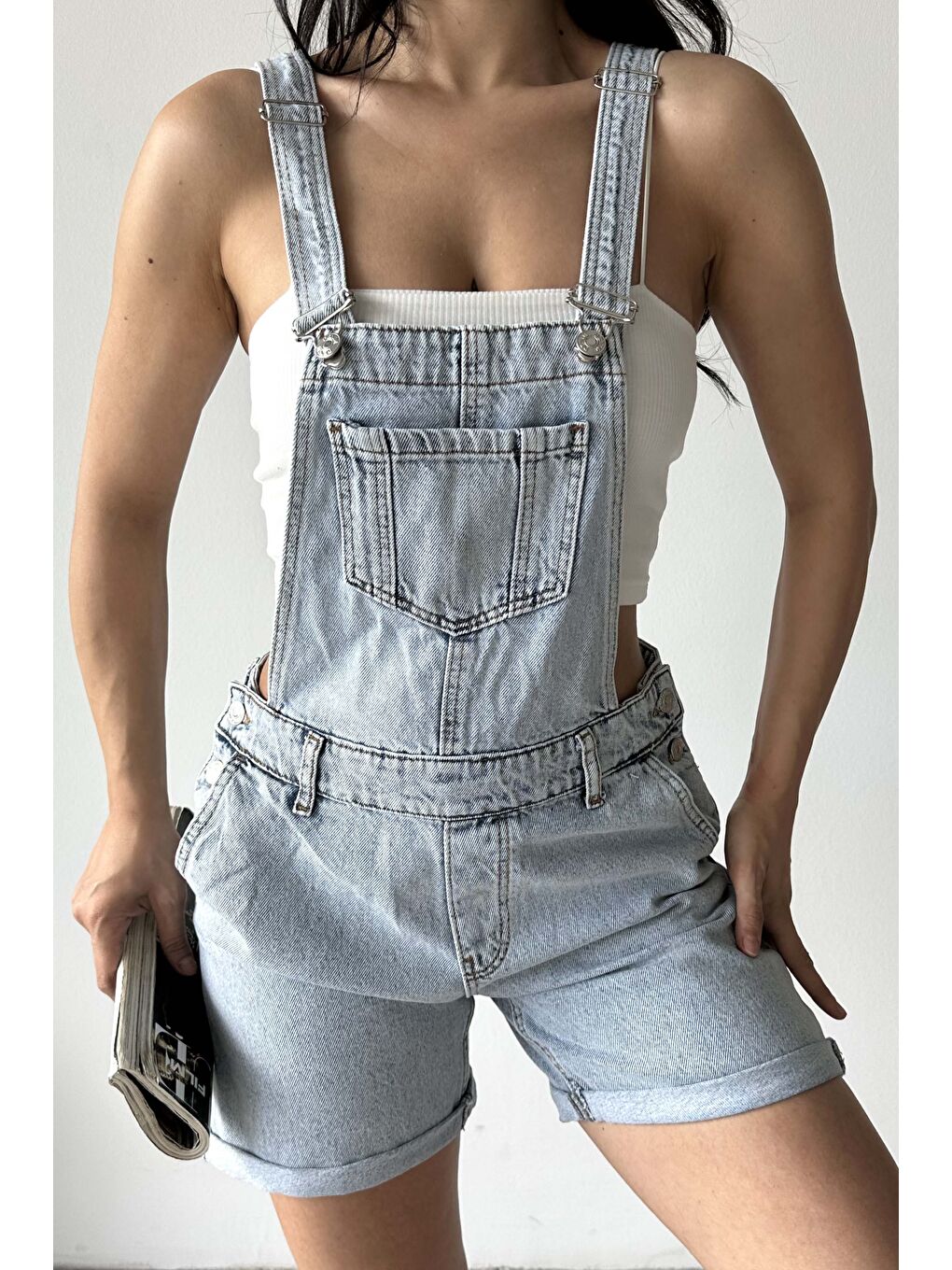 Askılı Salopet Şort Buz Mavi - 27296-2