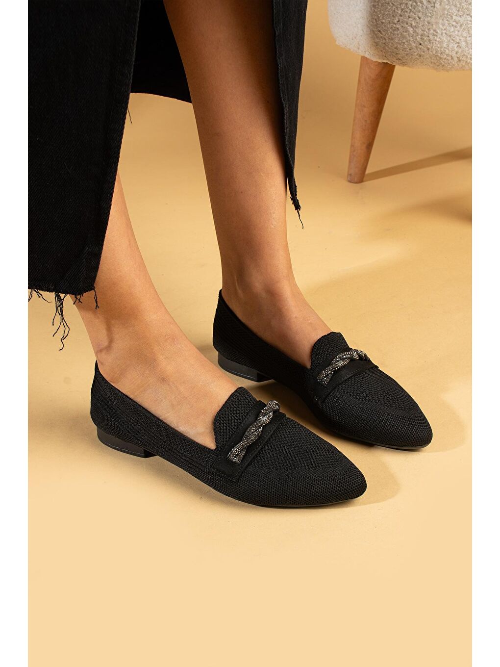 Siyah Taş Tokalı Triko Comfort Taban Kadın Babet 001-23-24Keten-1