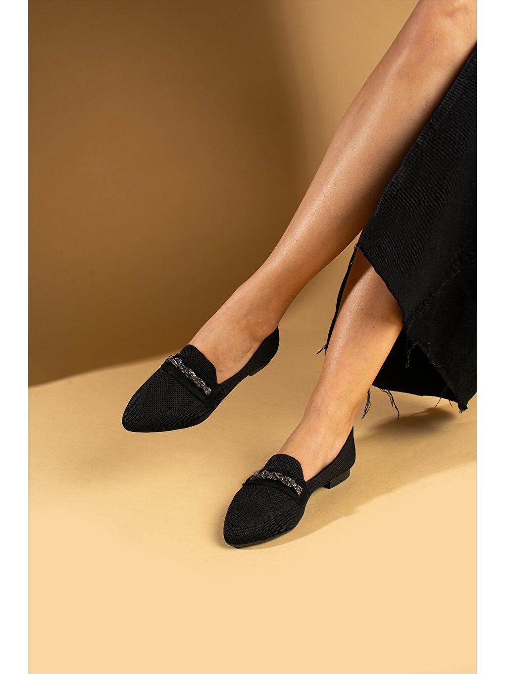 Siyah Taş Tokalı Triko Comfort Taban Kadın Babet 001-23-24Keten-2