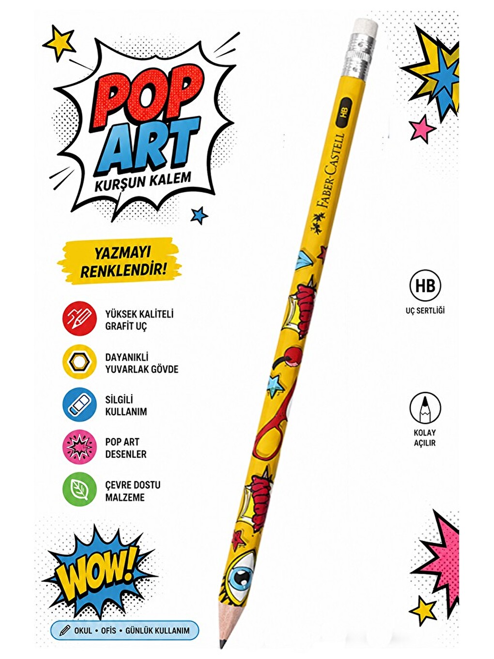 Popart Silgili Kurşun Kalem 1 Adet Faber Castell Yuvarlak Gövdeli Siyah Kurşun Kalem Yumuşak Yazım K