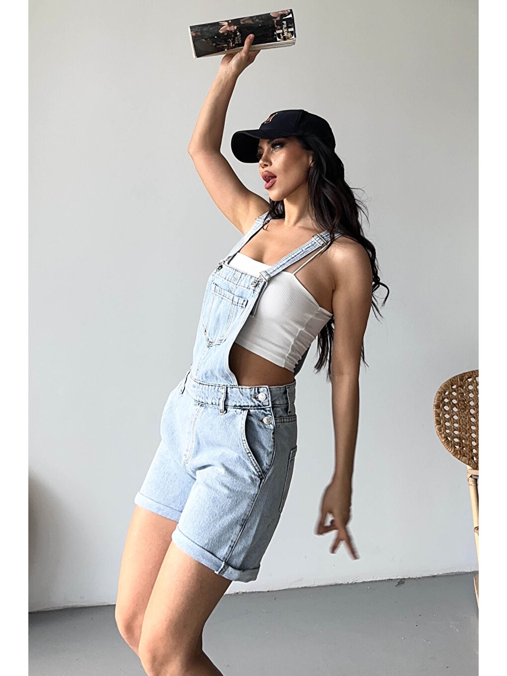 Askılı Salopet Şort Buz Mavi - 27296-3