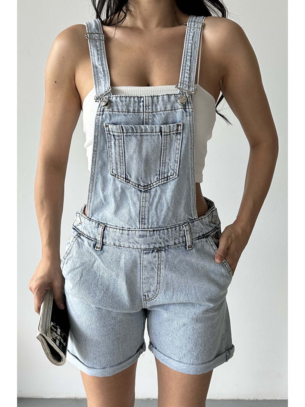 Askılı Salopet Şort Buz Mavi - 27296-4