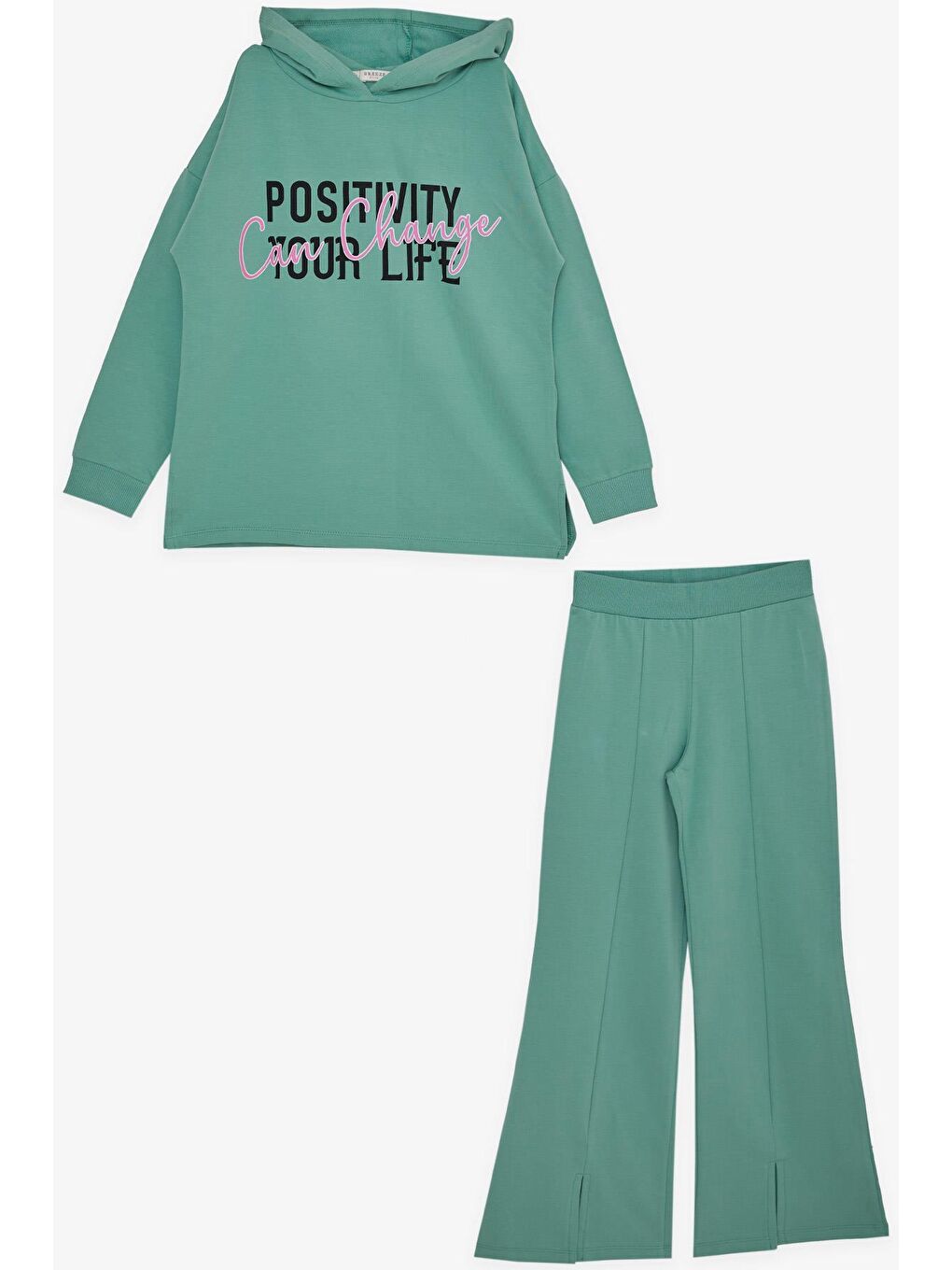 Turkuaz Kız Çocuk Pantolonlu Takım Yazı Baskılı Yırtmaçlı Mint Yeşili (10-13 Yaş)