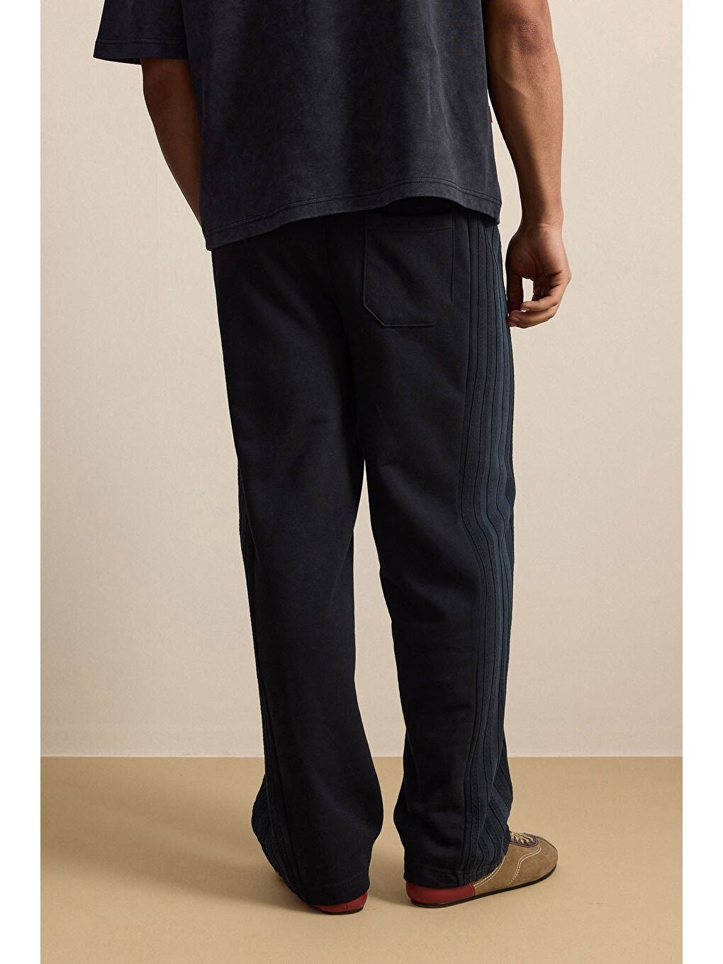 Erkek Baggy Fit Yan Şerit Fitilli Eşofman Altı Siyah-6