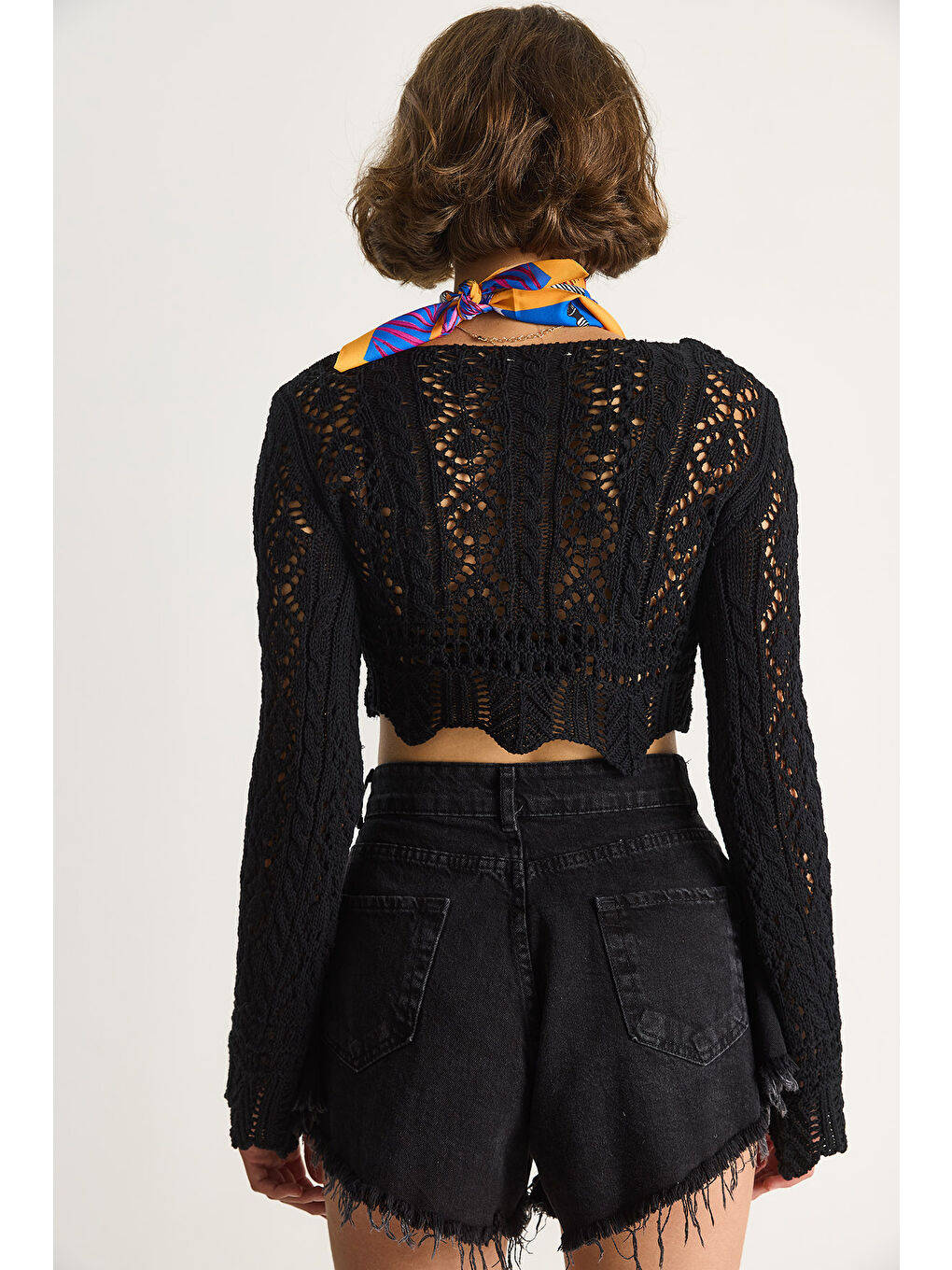 Siyah Kadın Önü Bağlamalı Ajurlu Triko Bluz-6