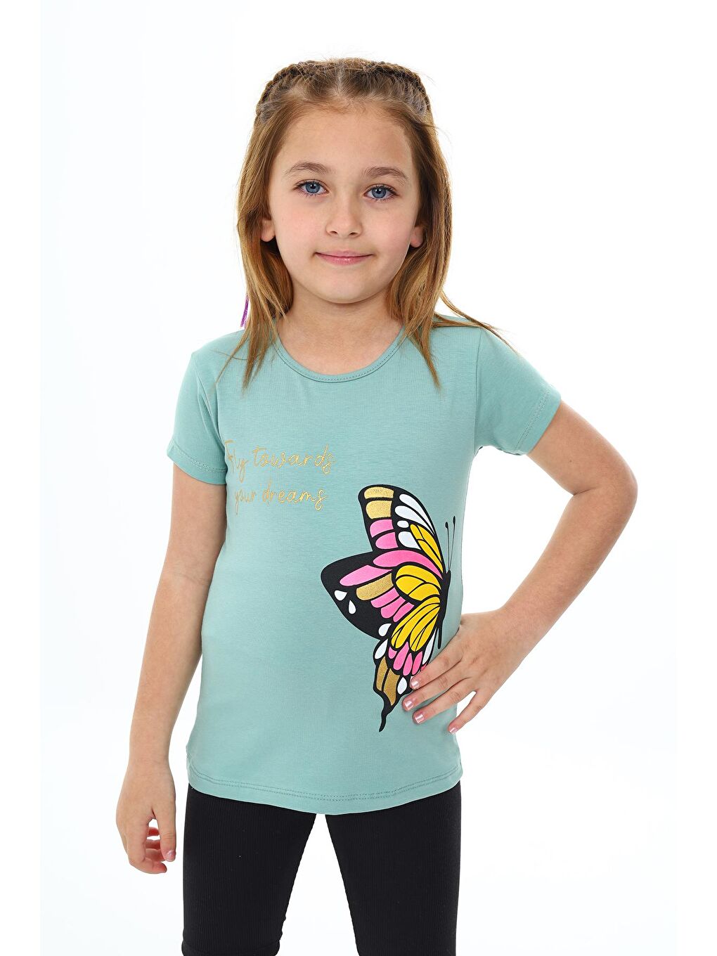 Yeşil Kız Çocuk Kelebek Baskılı T-Shirt 3-13 Yaş Zu107-1