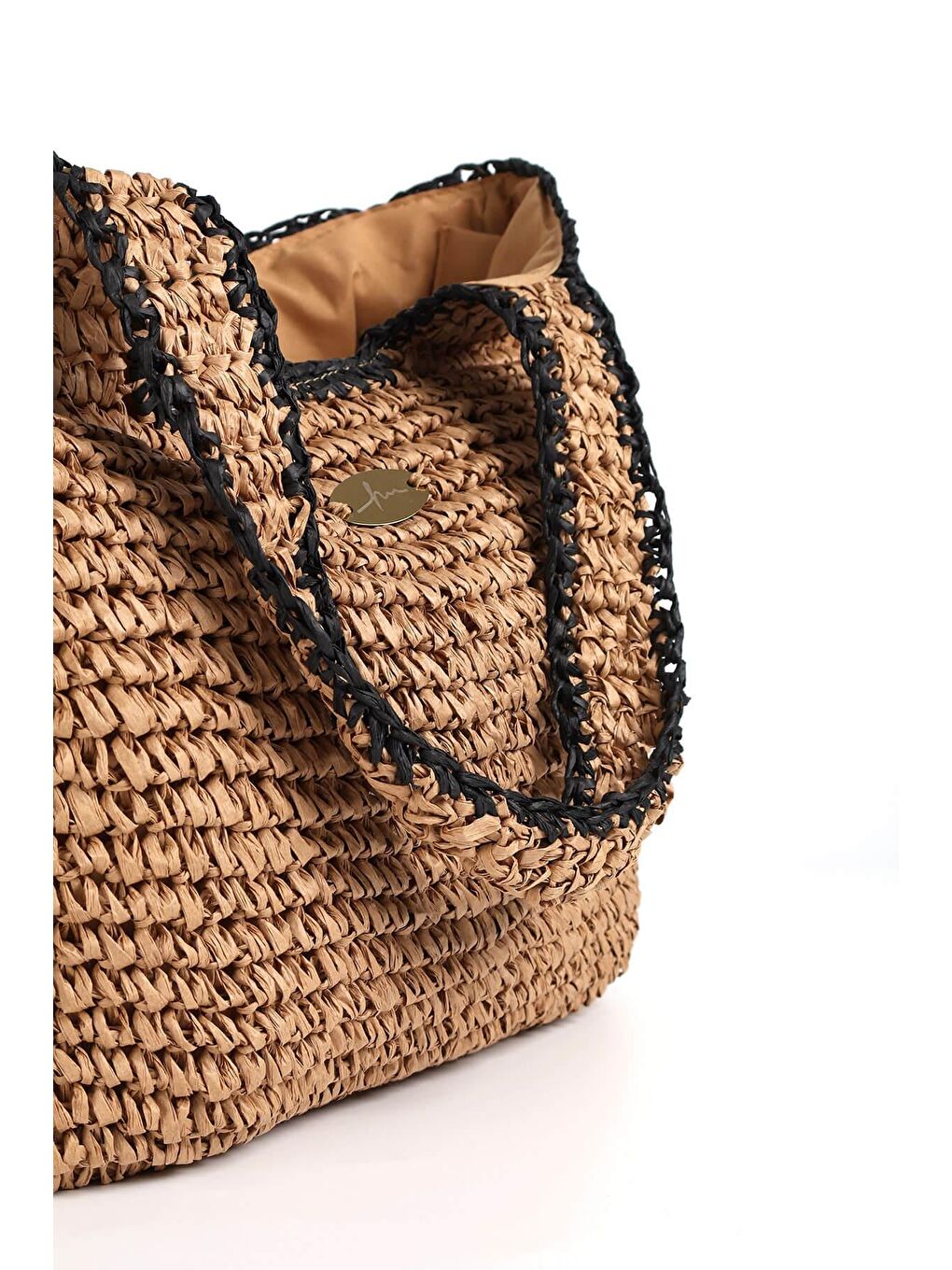 İmza Detaylı Çift Renk Kahverengi Siyah Örme Hasır Çanta 1041-1